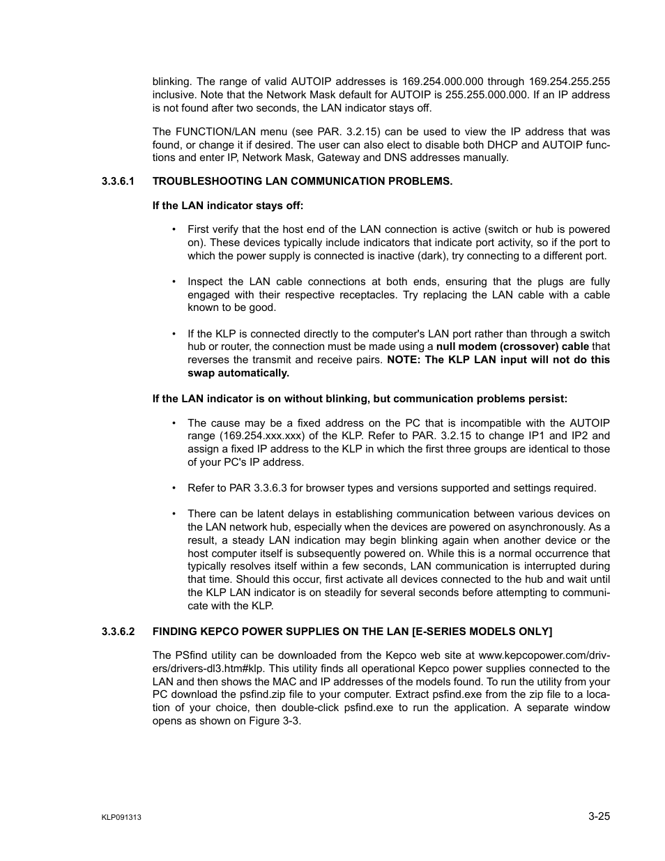 1 troubleshooting lan communication problems, Troubleshooting lan communication problems -25 | KEPCO KLP Series User Manual, Rev 4 User Manual | Page 67 / 94