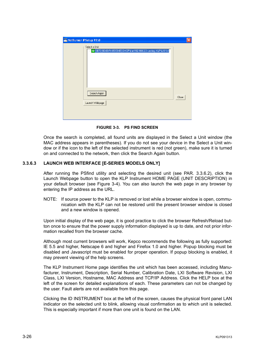 Figure 3-3. ps find screen, 3 launch web interface [e-series models only, Launch web interface [e-series models only] -26 | Ps find screen -26, R 3.3.6.3 for, Re 3-3 | KEPCO KLP Series User Manual, Rev 4 User Manual | Page 68 / 94