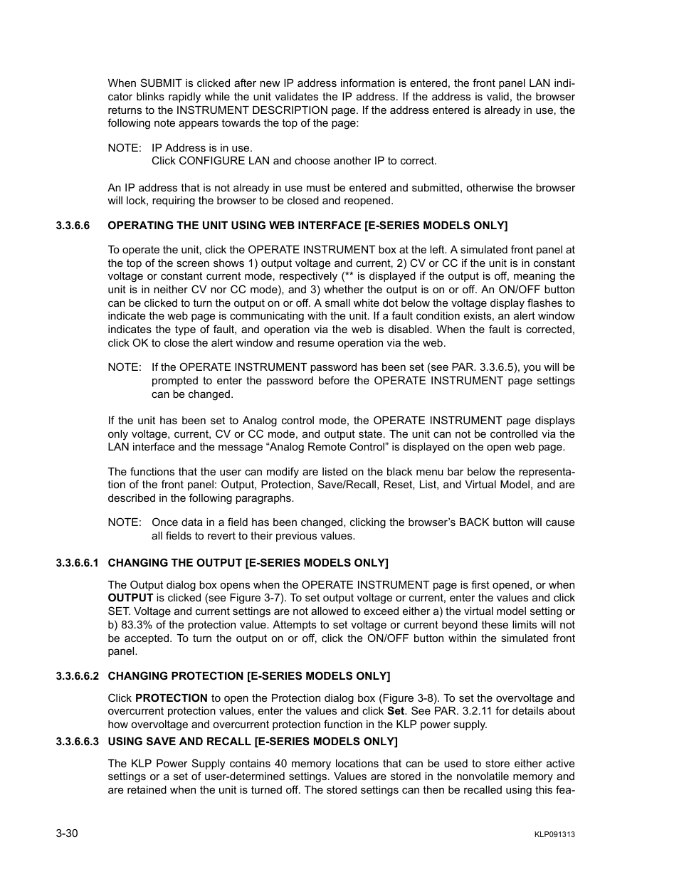 1 changing the output [e-series models only, 2 changing protection [e-series models only, 3 using save and recall [e-series models only | Changing the output [e-series models only] -30, Changing protection [e-series models only] -30, Using save and recall [e-series models only] -30 | KEPCO KLP Series User Manual, Rev 4 User Manual | Page 72 / 94