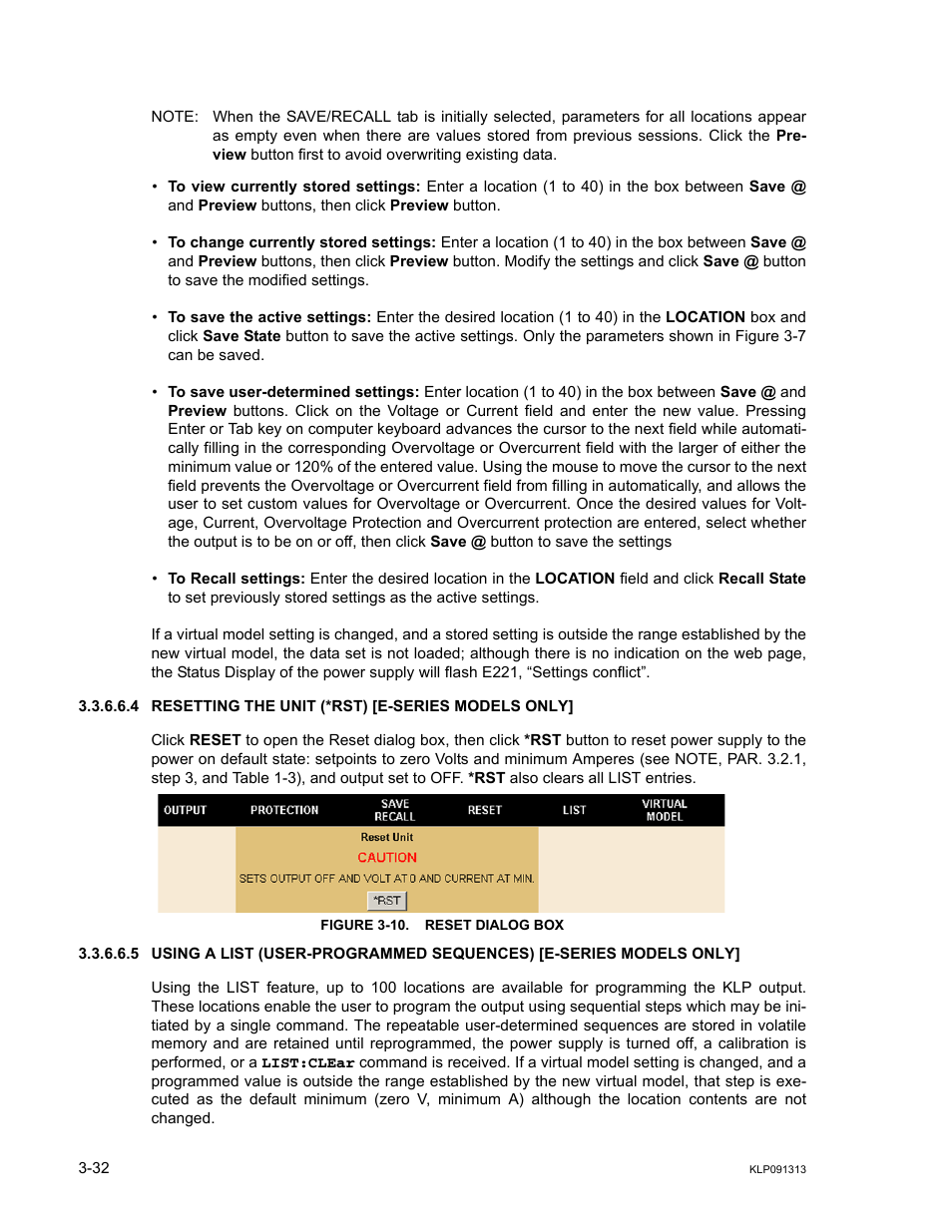 4 resetting the unit (*rst) [e-series models only, Figure 3-10. reset dialog box, 10 reset dialog box -32 | KEPCO KLP Series User Manual, Rev 4 User Manual | Page 74 / 94