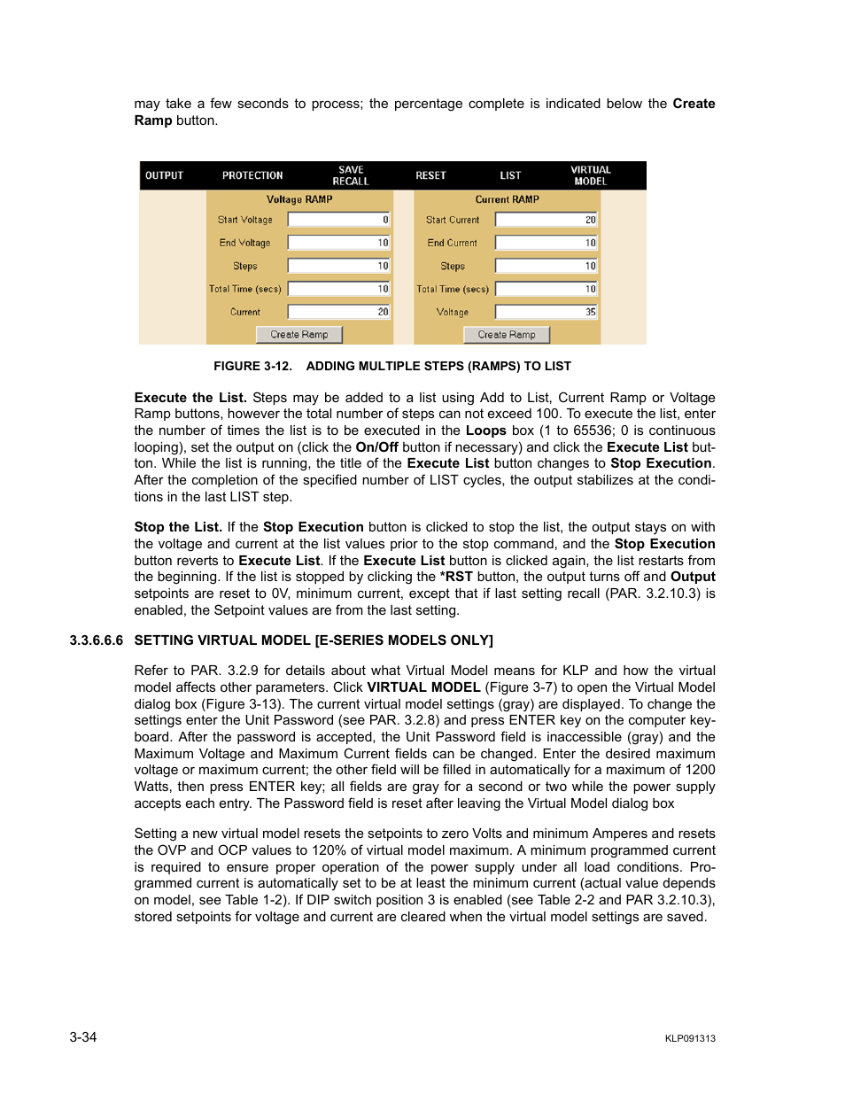 Figure 3-12. adding multiple steps (ramps) to list, 6 setting virtual model [e-series models only, Setting virtual model [e-series models only] -34 | 12 adding multiple steps (ramps) to list -34 | KEPCO KLP Series User Manual, Rev 4 User Manual | Page 76 / 94