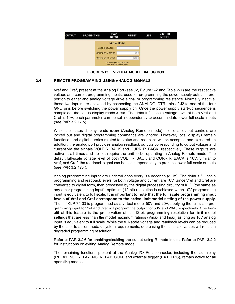 Figure 3-13. virtual model dialog box, 4 remote programming using analog signals, Remote programming using analog signals -35 | 13 virtual model dialog box -35, R. 3.4), 4) and front p, E 3-13 | KEPCO KLP Series User Manual, Rev 4 User Manual | Page 77 / 94