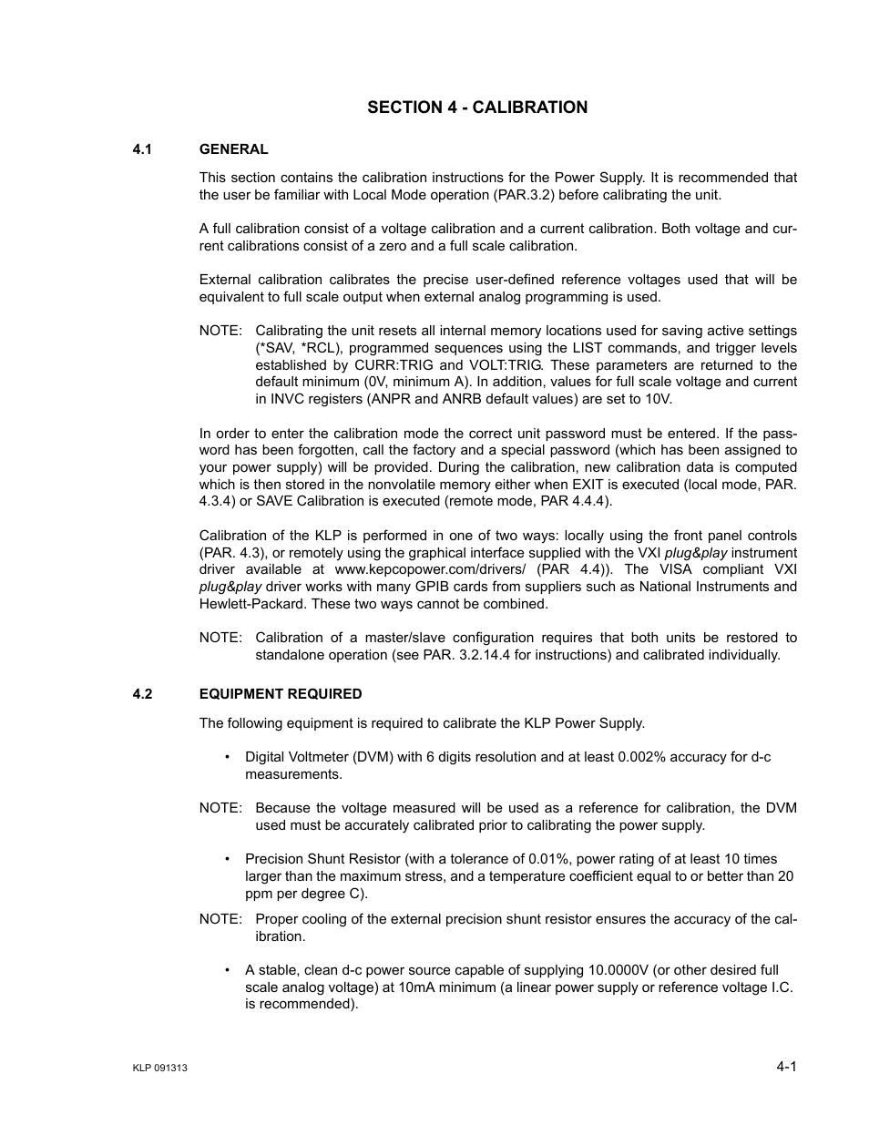 Section 4 - calibration, 1 general, 2 equipment required | General -1, Equipment required -1, Ar 4.1 | KEPCO KLP Series User Manual, Rev 4 User Manual | Page 81 / 94