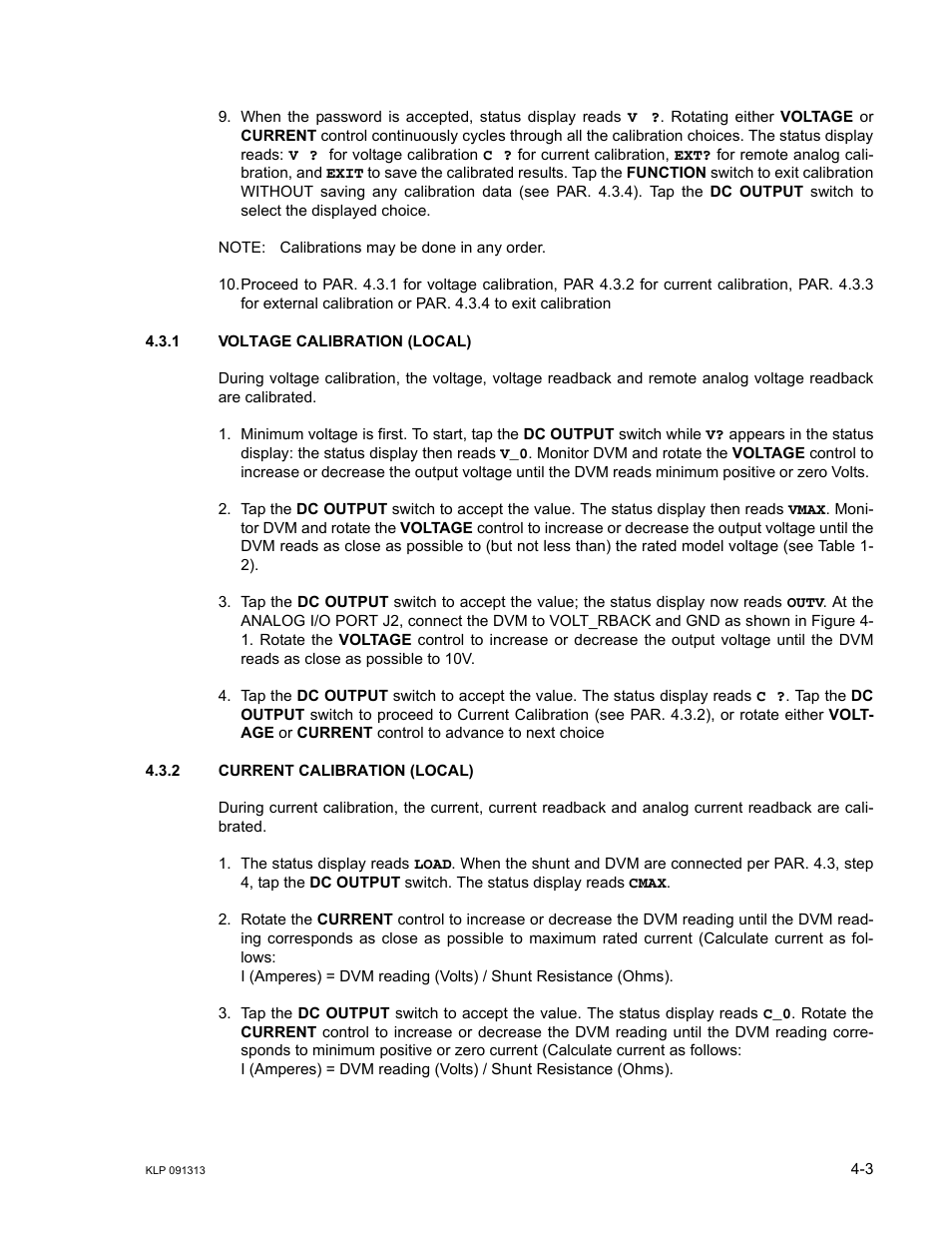 1 voltage calibration (local), 2 current calibration (local), Voltage calibration (local) -3 | Current calibration (local) -3 | KEPCO KLP Series User Manual, Rev 4 User Manual | Page 83 / 94