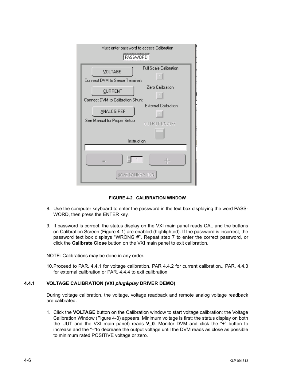 Figure 4-2. calibration window, 1 voltage calibration (vxi plug&play driver demo), Voltage calibration (vxi plug&play driver demo) -6 | Calibration window -6, E 4-2 | KEPCO KLP Series User Manual, Rev 4 User Manual | Page 86 / 94