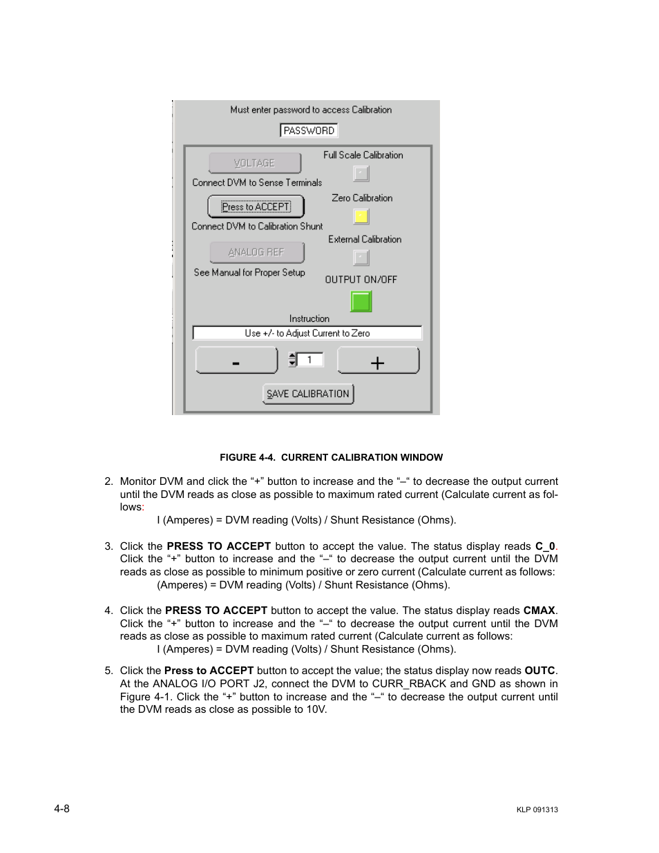 Figure 4-4. current calibration window, Current calibration window -8 | KEPCO KLP Series User Manual, Rev 4 User Manual | Page 88 / 94