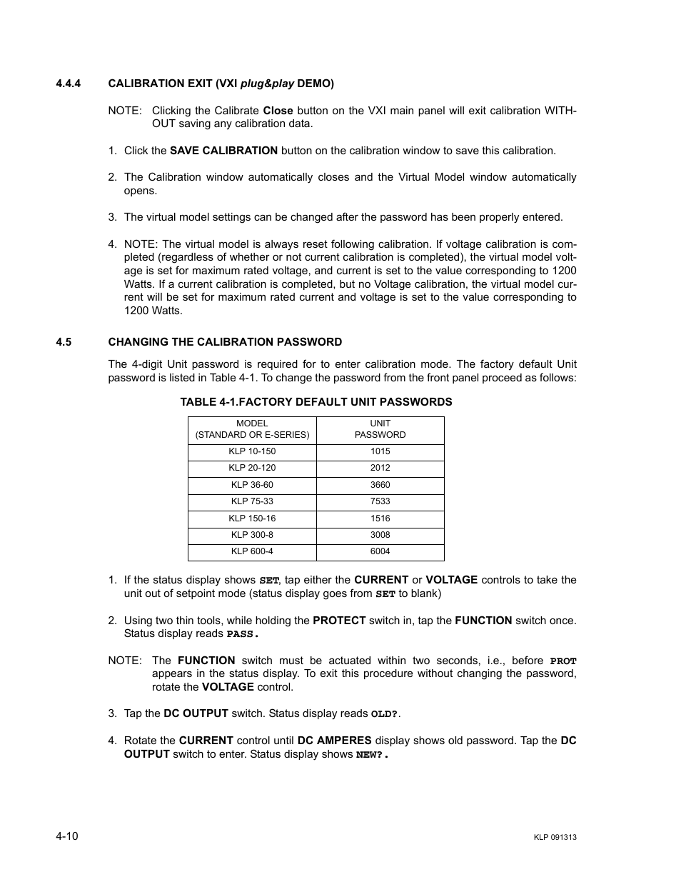 4 calibration exit (vxi plug&play demo), 5 changing the calibration password, Table 4-1. factory default unit passwords | Calibration exit (vxi plug&play demo) -10, Changing the calibration password -10, Factory default unit passwords -10, R. 4.5, E 4- 1, R 4.4.4), R. 4.4.4 | KEPCO KLP Series User Manual, Rev 4 User Manual | Page 90 / 94