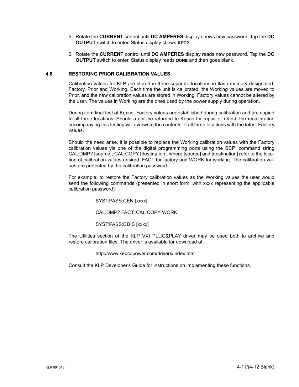 6 restoring prior calibration values, Restoring prior calibration values -11 | KEPCO KLP Series User Manual, Rev 4 User Manual | Page 91 / 94