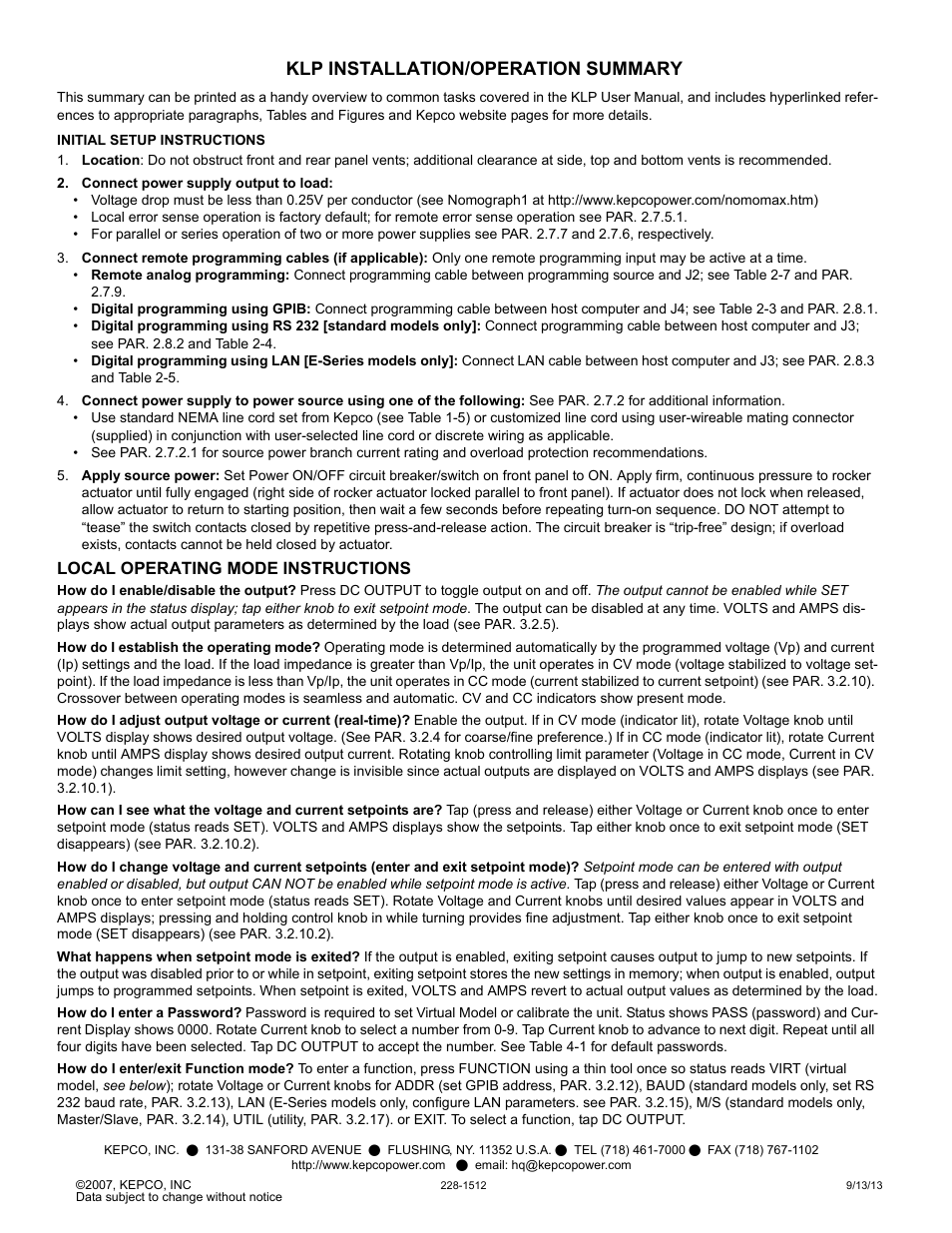 Klp installation/operation summary | KEPCO KLP Series User Manual, Rev 4 User Manual | Page 93 / 94