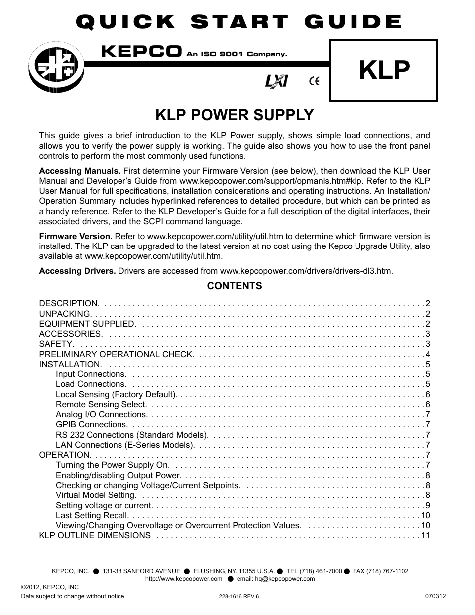 KEPCO KLP Series Quick Start Guide, P/N 228-1616, Rev 6 User Manual | 12 pages