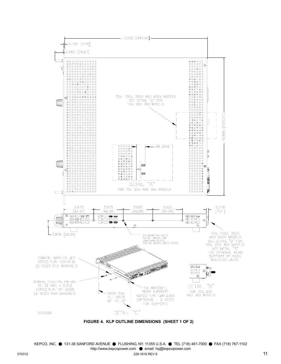 Klp outline dimensions | KEPCO KLP Series Quick Start Guide, P/N 228-1616, Rev 6 User Manual | Page 11 / 12