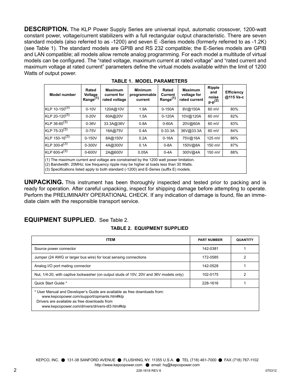 Description, Table 1. model parameters, Unpacking | Equipment supplied, Table 2. equipment supplied, Unpacking equipment supplied, See t able 2 | KEPCO KLP Series Quick Start Guide, P/N 228-1616, Rev 6 User Manual | Page 2 / 12