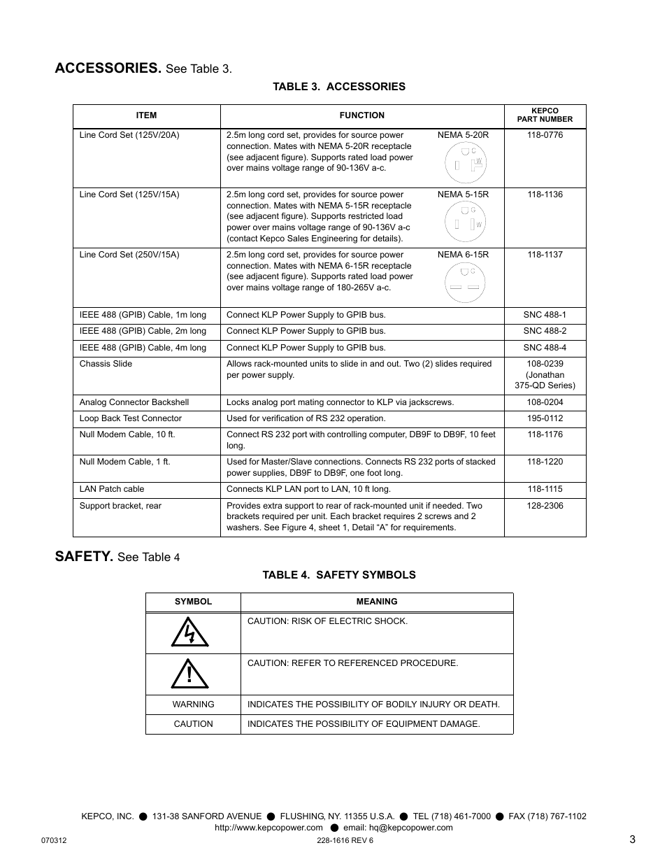 Accessories, Table 3. accessories, Safety | Table 4. safety symbols, Accessories safety, See tabl e 3, See t able | KEPCO KLP Series Quick Start Guide, P/N 228-1616, Rev 6 User Manual | Page 3 / 12