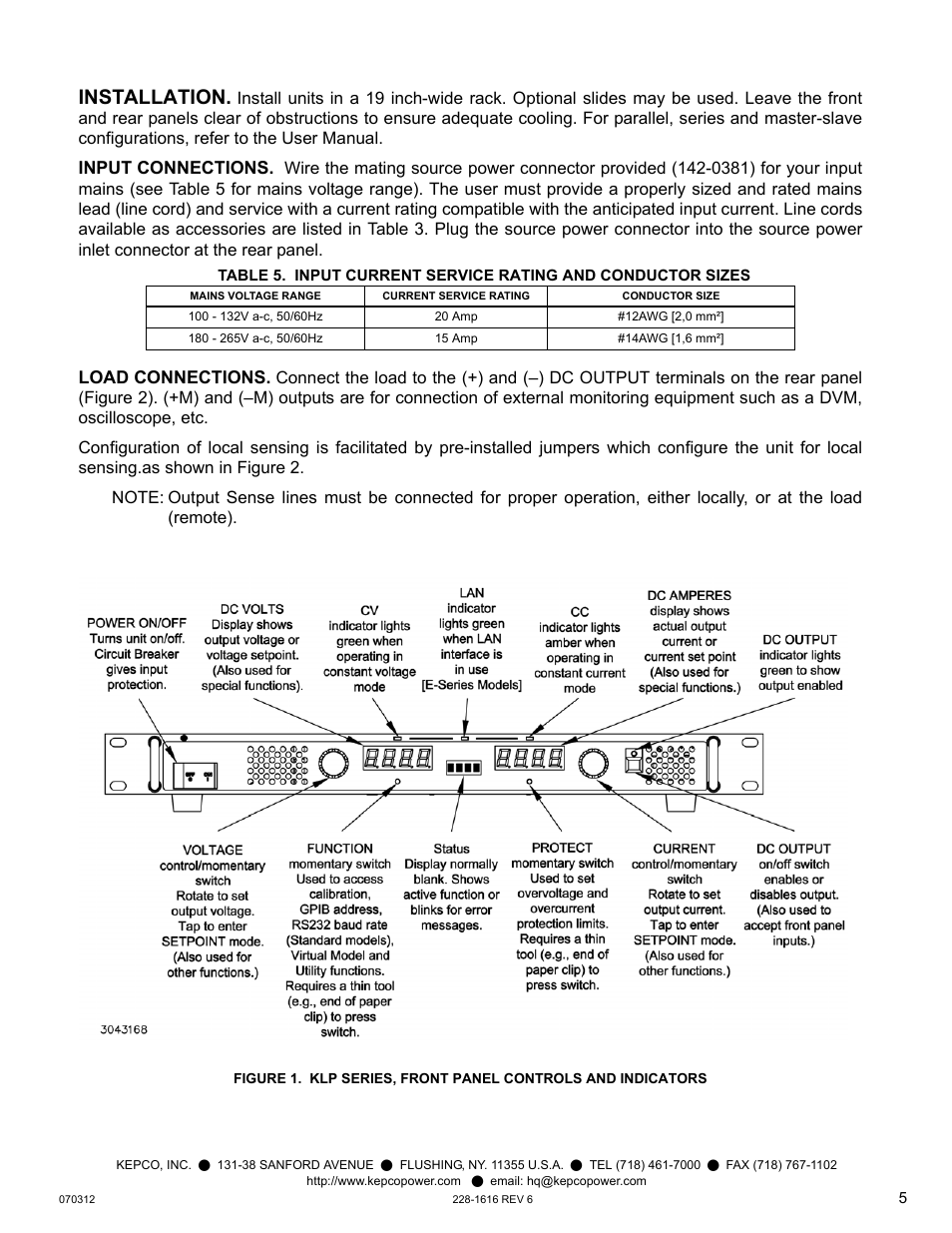 Installation, Input connections, Load connections | Input connections load connections | KEPCO KLP Series Quick Start Guide, P/N 228-1616, Rev 6 User Manual | Page 5 / 12