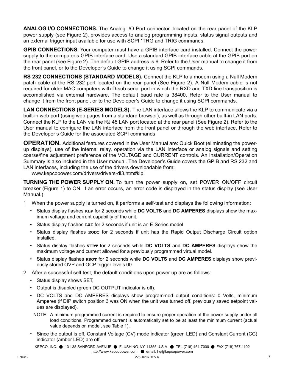 Analog i/o connections, Gpib connections, Rs 232 connections (standard models) | Lan connections (e-series models), Operation, Turning the power supply on | KEPCO KLP Series Quick Start Guide, P/N 228-1616, Rev 6 User Manual | Page 7 / 12