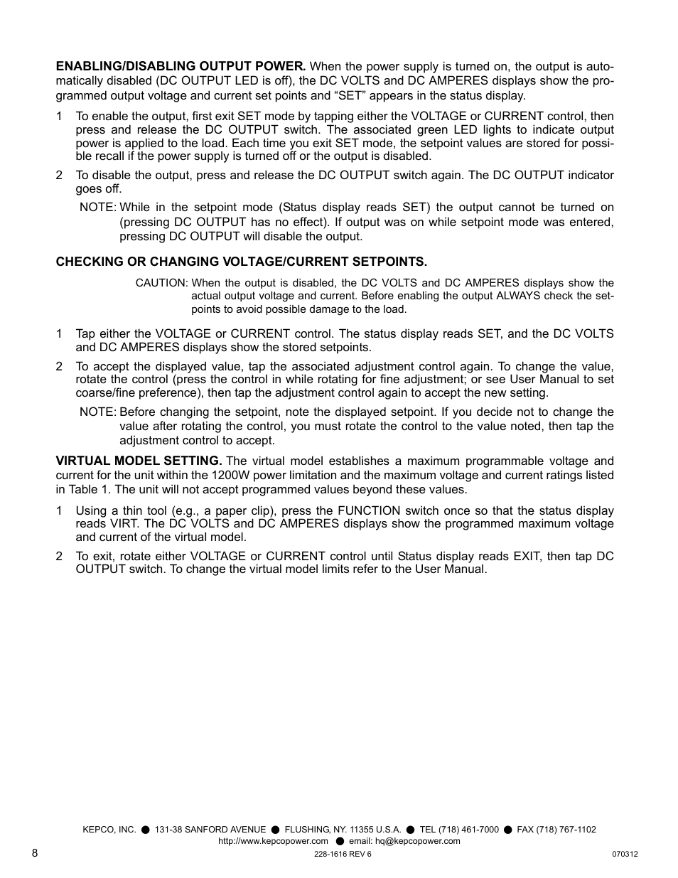 Enabling/disabling output power, Checking or changing voltage/current setpoints, Virtual model setting | KEPCO KLP Series Quick Start Guide, P/N 228-1616, Rev 6 User Manual | Page 8 / 12