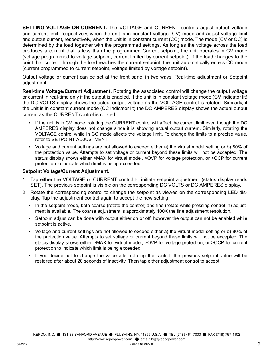 Setting voltage or current, Real-time voltage/current adjustment, Setpoint voltage/current adjustment | KEPCO KLP Series Quick Start Guide, P/N 228-1616, Rev 6 User Manual | Page 9 / 12