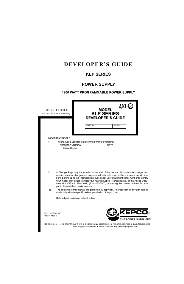 KEPCO KLP Series Developers Guide, Rev 3 User Manual | 132 pages