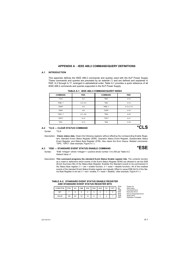Appendix a - ieee 488.2 command/query definitions, A.1 introduction, Table a-1. ieee 488.2 command/query index | A.2 *cls — clear status command, A.3 *ese — standard event status enable command, Ported (see appendix a), A.3) | KEPCO KLP Series Developers Guide, Rev 3 User Manual | Page 101 / 132