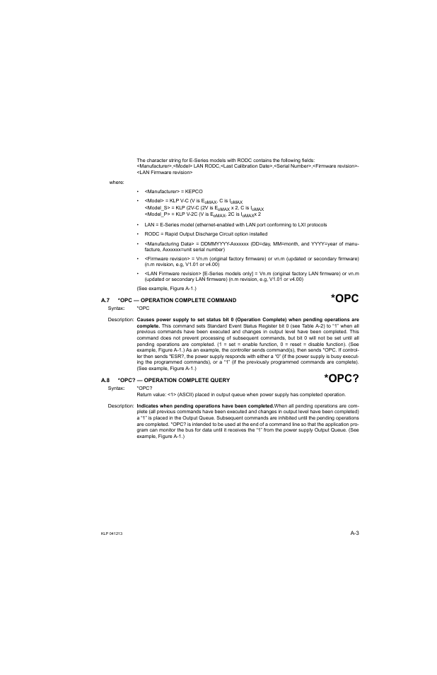 A.7 *opc — operation complete command, A.8 *opc? — operation complete query, A.7, a.8 | KEPCO KLP Series Developers Guide, Rev 3 User Manual | Page 103 / 132