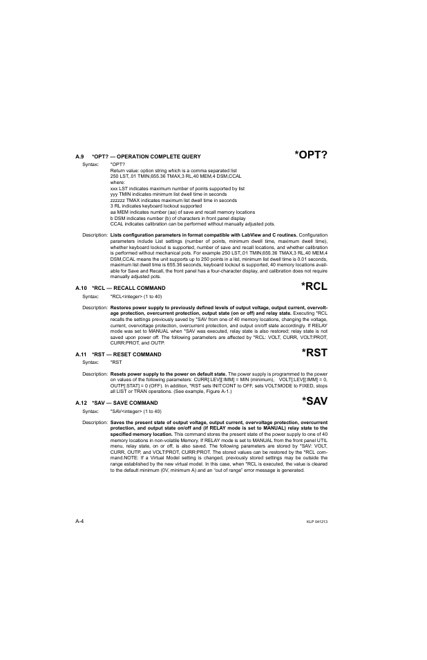 A.9 *opt? — operation complete query, A.10 *rcl — recall command, A.11 *rst — reset command | A.12 *sav — save command, A.10, A.11, A.12 | KEPCO KLP Series Developers Guide, Rev 3 User Manual | Page 104 / 132