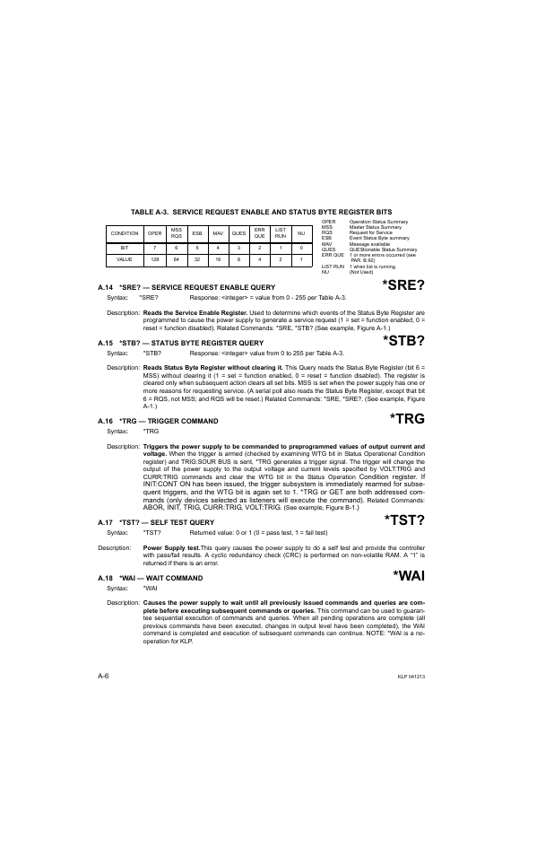 A.14 *sre? — service request enable query, A.15 *stb? — status byte register query, A.16 *trg — trigger command | A.17 *tst? — self test query, A.18 *wai — wait command, A.14, A.15, A.16, A.17, A.18 | KEPCO KLP Series Developers Guide, Rev 3 User Manual | Page 106 / 132