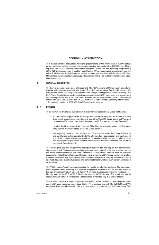 Section 1 - introduction, 1 general description, 1 drivers | General description -1, Drivers -1 | KEPCO KLP Series Developers Guide, Rev 3 User Manual | Page 11 / 132