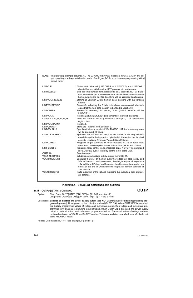 Figure b-2. using list commands and queries, B.34 output[:state] command, B.34 | Outp | KEPCO KLP Series Developers Guide, Rev 3 User Manual | Page 114 / 132