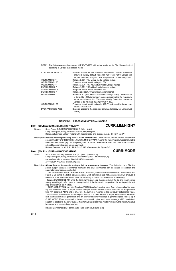 Figure b-3. programming virtual models, B.39 [source:]current:limit:high? query, B.40 [source:]current:mode command | B.39, Sour, B.40, Curr:lim:high, Curr:mode | KEPCO KLP Series Developers Guide, Rev 3 User Manual | Page 116 / 132