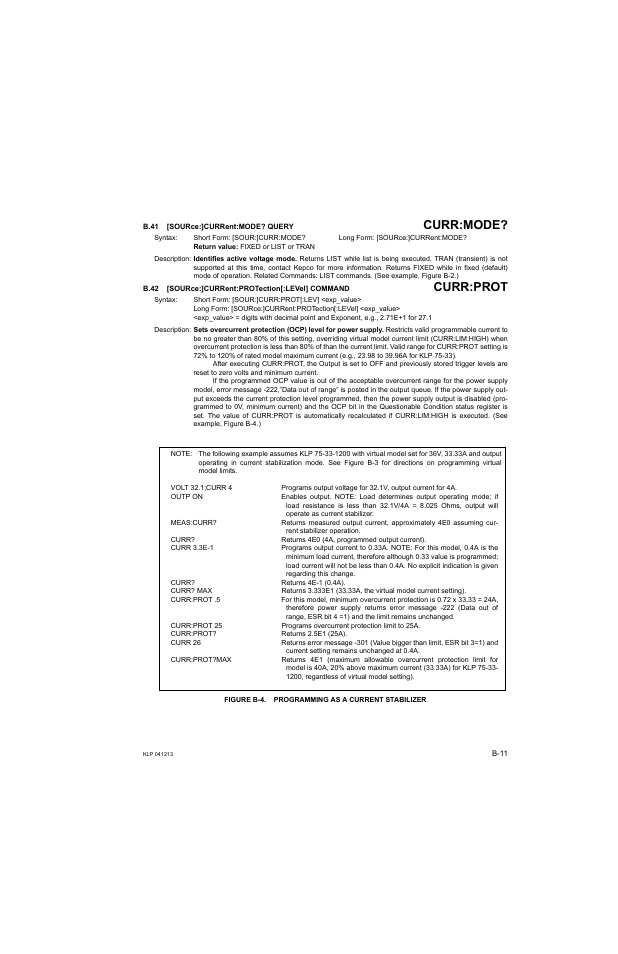 B.41 [source:]current:mode? query, B.42 [source:]current:protection[:level] command, Figure b-4. programming as a current stabilizer | B.41, Sour, B.42, B.42, b.4, Curr:mode, Curr:prot | KEPCO KLP Series Developers Guide, Rev 3 User Manual | Page 117 / 132