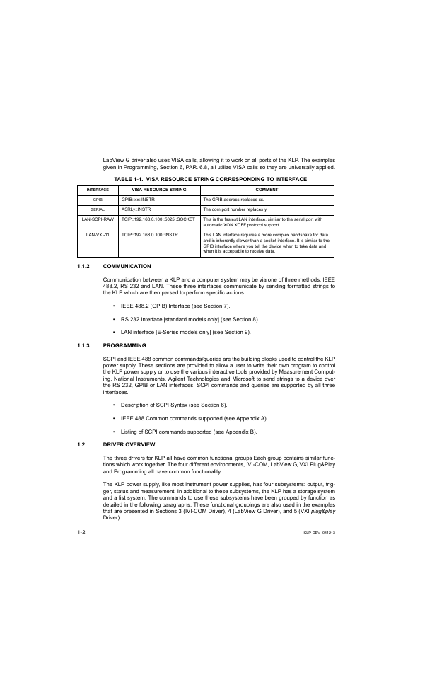 2 communication, 3 programming, 2 driver overview | Communication -2, Programming -2, Driver overview -2, Visa resource string corresponding to interface -2, Ble 1-1 provides the reso, E 1-1) to ad | KEPCO KLP Series Developers Guide, Rev 3 User Manual | Page 12 / 132
