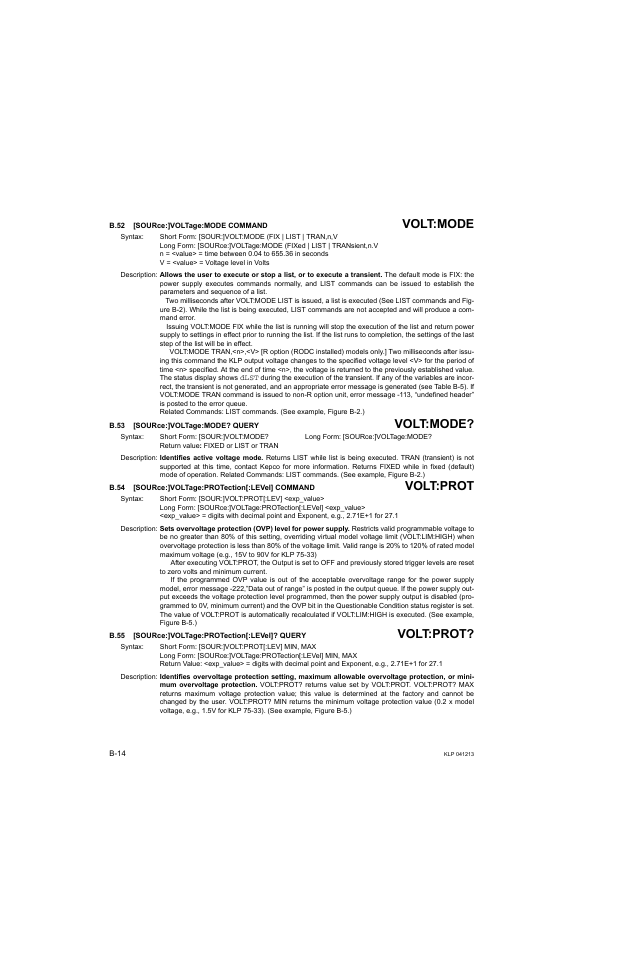 B.52 [source:]voltage:mode command, B.53 [source:]voltage:mode? query, B.54 [source:]voltage:protection[:level] command | B.55 [source:]voltage:protection[:level]? query, B.52, Sour, B.53, B.54, B.55, B.52, b.53 | KEPCO KLP Series Developers Guide, Rev 3 User Manual | Page 120 / 132