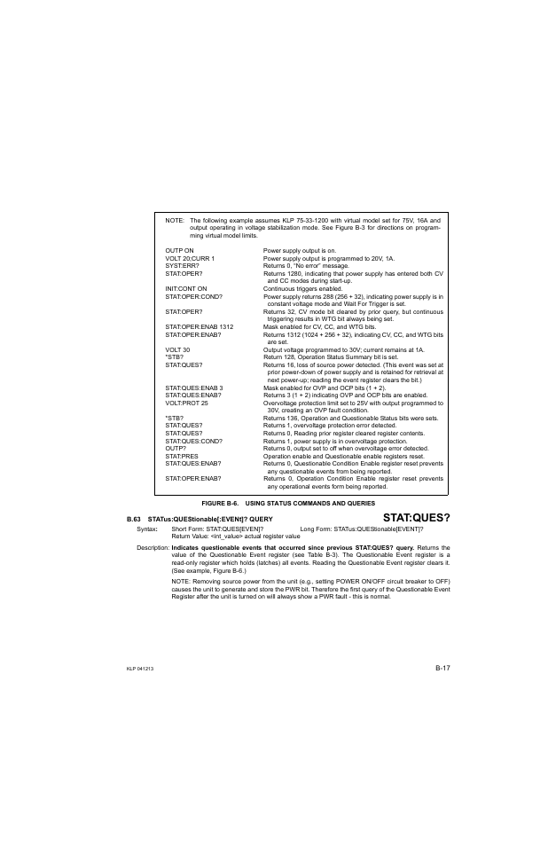 Figure b-6. using status commands and queries, B.63 status:questionable[:event]? query, B.63 | Stat, S b.63, Stat:ques | KEPCO KLP Series Developers Guide, Rev 3 User Manual | Page 123 / 132