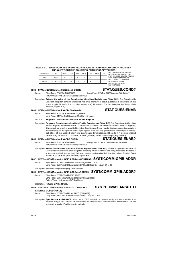 B.64 status:questionable:condition? query, B.65 status:questionable:enable command, B.66 status:questionable:enable? query | B.67 system:communication:gpib:address command, B.68 system:communication:gpib:address? query, B.69 system:communication:lan:auto command, B.64, Stat, B.65, B.66 | KEPCO KLP Series Developers Guide, Rev 3 User Manual | Page 124 / 132