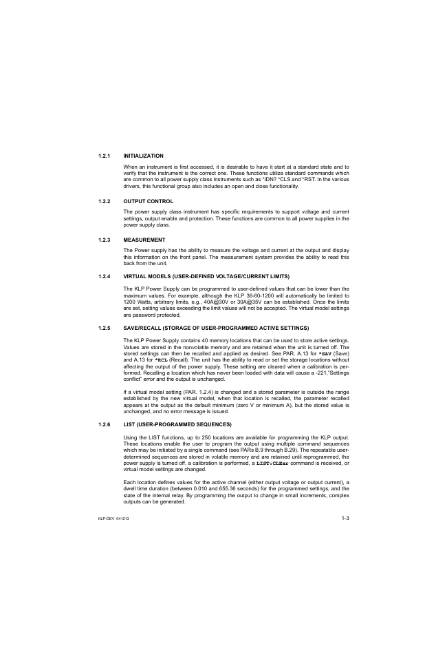 1 initialization, 2 output control, 3 measurement | 6 list (user-programmed sequences), Initialization -3, Output control -3, Measurement -3, List (user-programmed sequences) -3 | KEPCO KLP Series Developers Guide, Rev 3 User Manual | Page 13 / 132