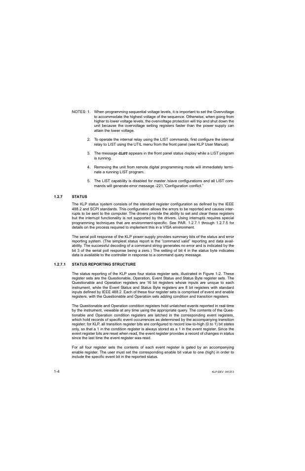 7 status, 1 status reporting structure, Status -4 | Status reporting structure -4 | KEPCO KLP Series Developers Guide, Rev 3 User Manual | Page 14 / 132