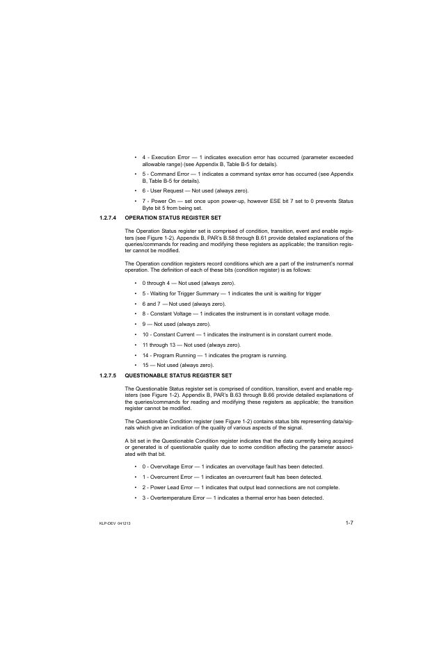 4 operation status register set, 5 questionable status register set, Operation status register set -7 | Questionable status register set -7 | KEPCO KLP Series Developers Guide, Rev 3 User Manual | Page 17 / 132