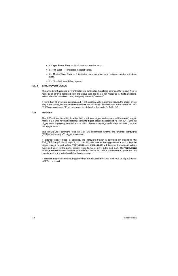 6 error/event queue, 8 trigger, Error/event queue -8 | Trigger -8 | KEPCO KLP Series Developers Guide, Rev 3 User Manual | Page 18 / 132
