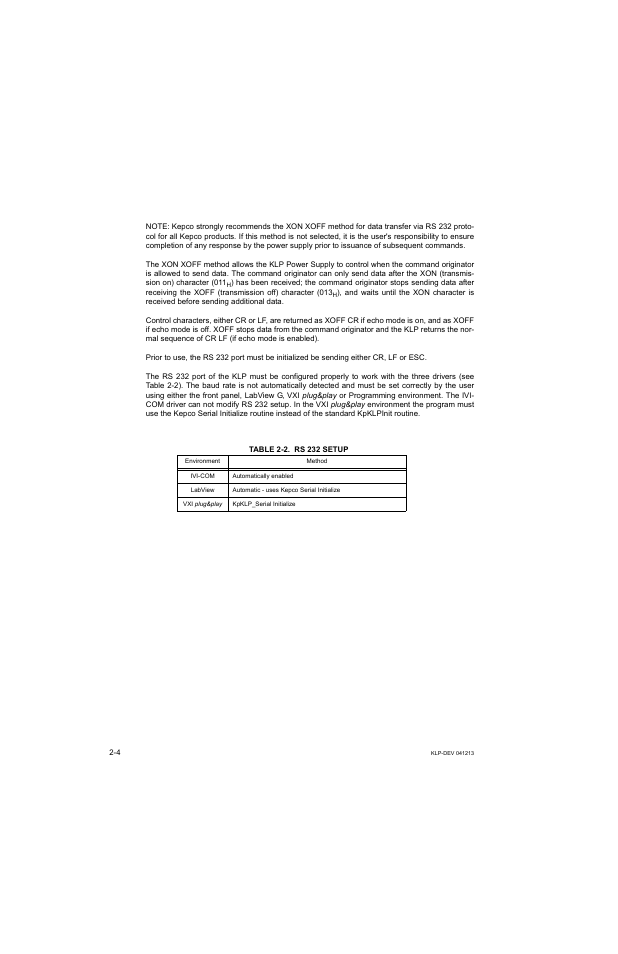Table 2-2. rs 232 setup, Rs 232 setup -4 | KEPCO KLP Series Developers Guide, Rev 3 User Manual | Page 22 / 132