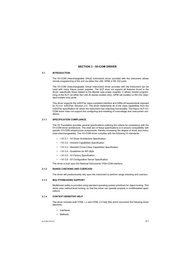 Section 3 - ivi-com driver, 1 introduction, 1 specification compliance | 2 range checking and coercion, 3 multithreading support, 4 context-sensitive help, Specification compliance -1, Range checking and coercion -1, Multithreading support -1, Context-sensitive help -1 | KEPCO KLP Series Developers Guide, Rev 3 User Manual | Page 23 / 132