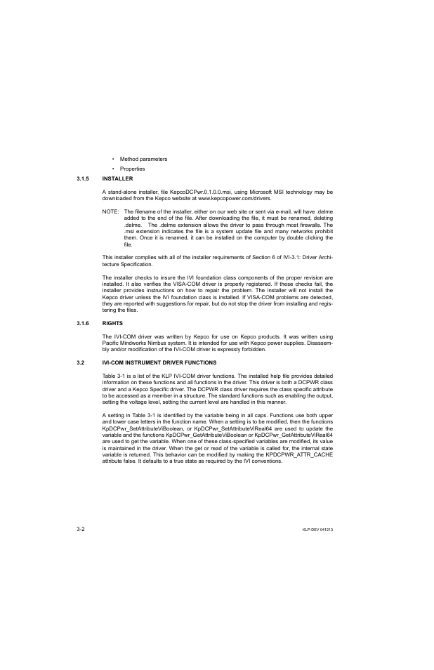 5 installer, 6 rights, 2 ivi-com instrument driver functions | Installer -2, Rights -2, Ivi-com instrument driver functions -2 | KEPCO KLP Series Developers Guide, Rev 3 User Manual | Page 24 / 132