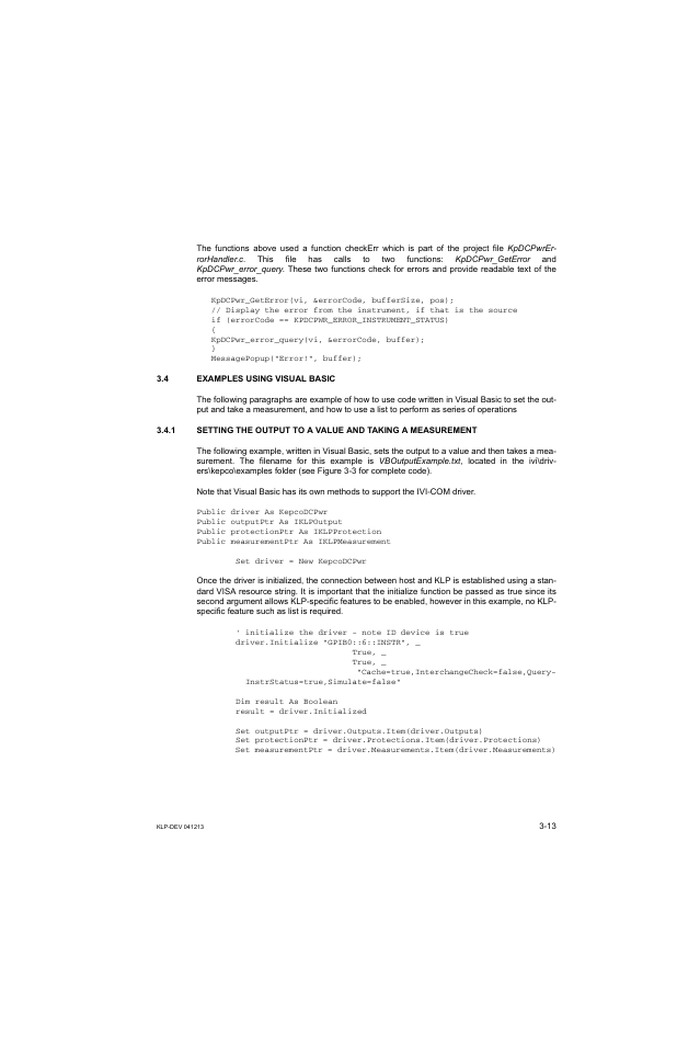 4 examples using visual basic, Examples using visual basic -13 | KEPCO KLP Series Developers Guide, Rev 3 User Manual | Page 35 / 132