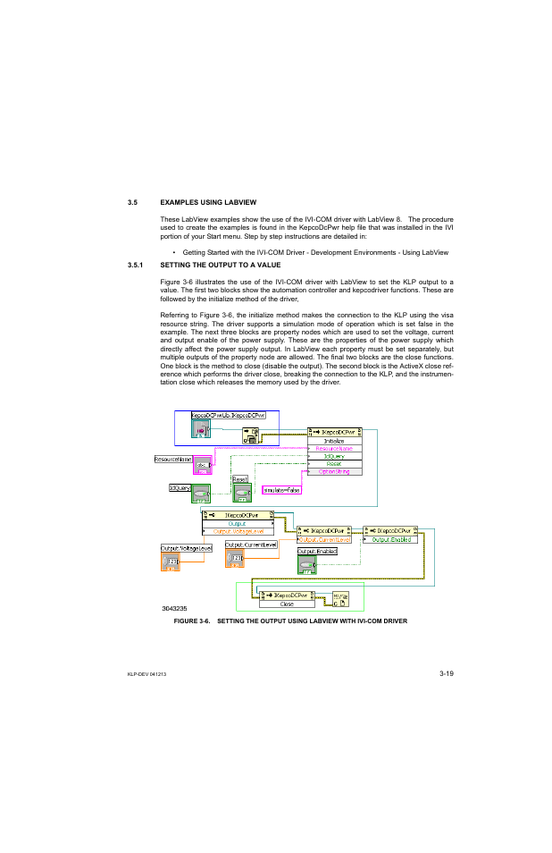 5 examples using labview, 1 setting the output to a value, Examples using labview -19 | Setting the output to a value -19 | KEPCO KLP Series Developers Guide, Rev 3 User Manual | Page 41 / 132
