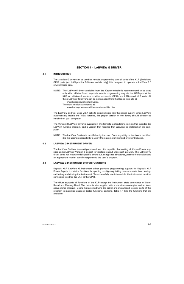 Section 4 - labview g driver, 1 introduction, 2 labview g instrument driver | 3 labview g instrument driver functions, Labview g instrument driver -1, Labview g instrument driver functions -1, N 4) | KEPCO KLP Series Developers Guide, Rev 3 User Manual | Page 43 / 132
