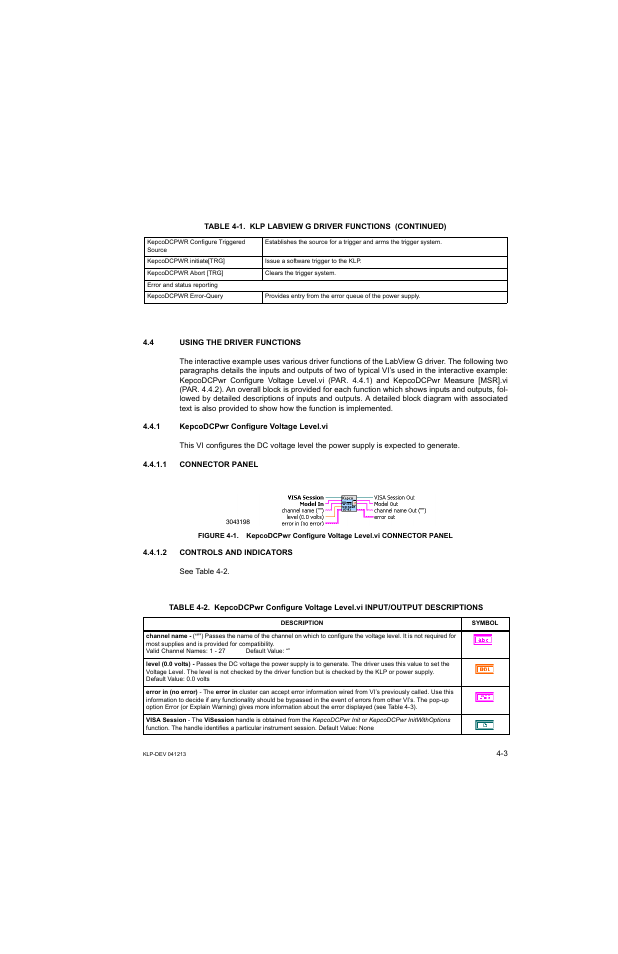 4 using the driver functions, 1 kepcodcpwr configure voltage level.vi, 1 connector panel | 2 controls and indicators, Using the driver functions -3, Epco, Connector panel -3, Controls and indicators -3 | KEPCO KLP Series Developers Guide, Rev 3 User Manual | Page 45 / 132