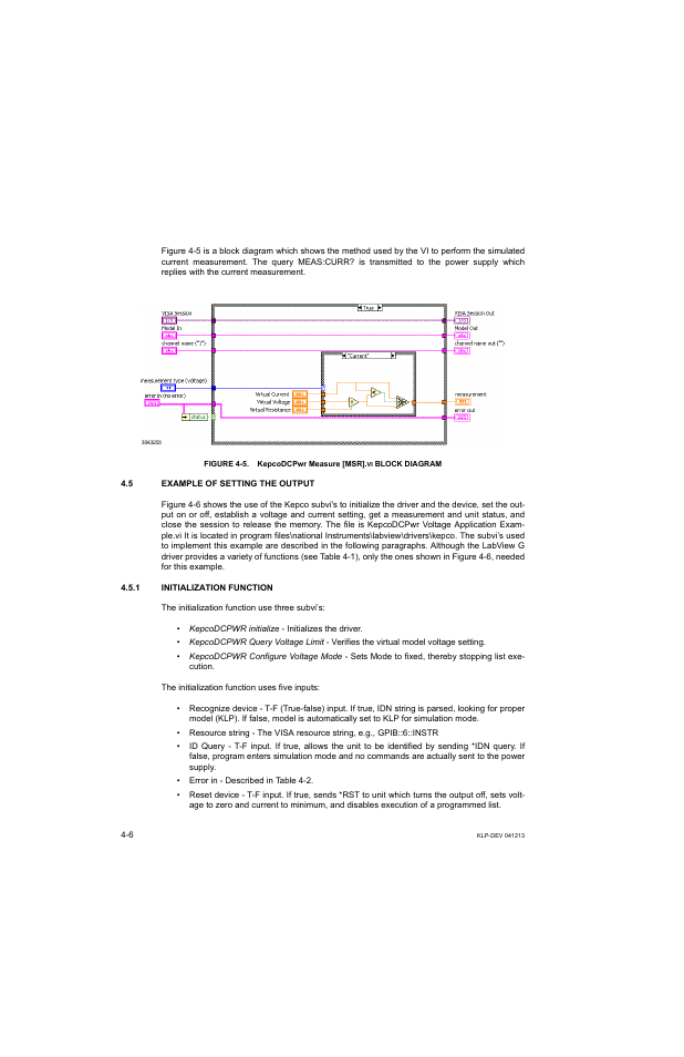 5 example of setting the output, 1 initialization function, Example of setting the output -6 | Initialization function -6, Kepcodcpwr measure [msr].vi block diagram -6 | KEPCO KLP Series Developers Guide, Rev 3 User Manual | Page 48 / 132