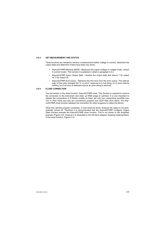 3 get measurement and status, 4 close connection, Get measurement and status -9 | Close connection -9 | KEPCO KLP Series Developers Guide, Rev 3 User Manual | Page 51 / 132