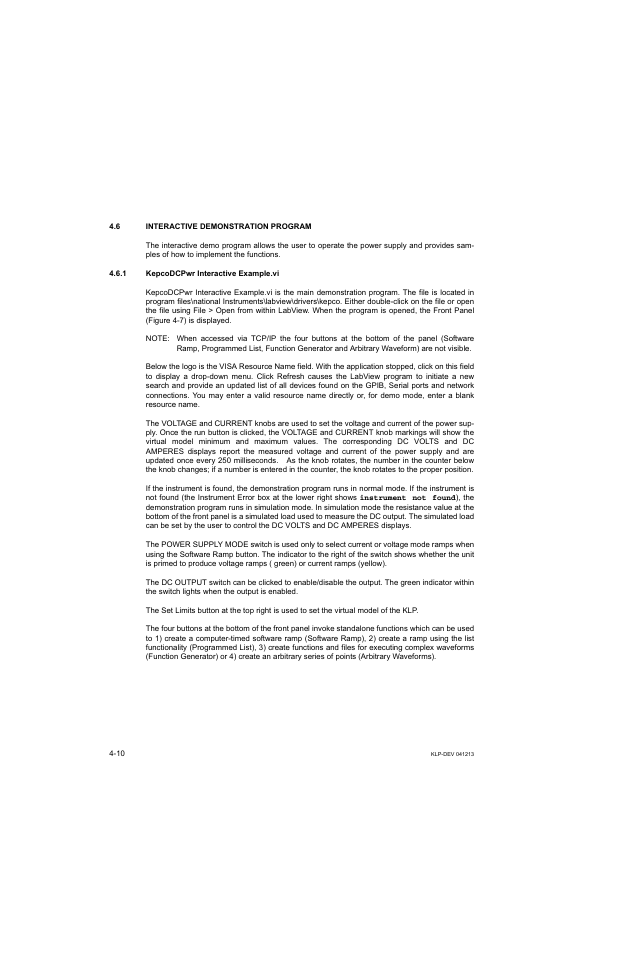 6 interactive demonstration program, 1 kepcodcpwr interactive example.vi, Interactive demonstration program -10 | Kepcodcpwr interactive example.vi -10 | KEPCO KLP Series Developers Guide, Rev 3 User Manual | Page 52 / 132
