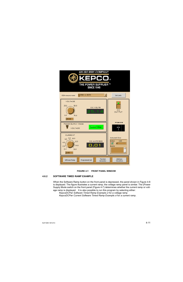 Figure 4-7. front panel window, 2 software timed ramp example, Software timed ramp example -11 | Front panel window -11 | KEPCO KLP Series Developers Guide, Rev 3 User Manual | Page 53 / 132