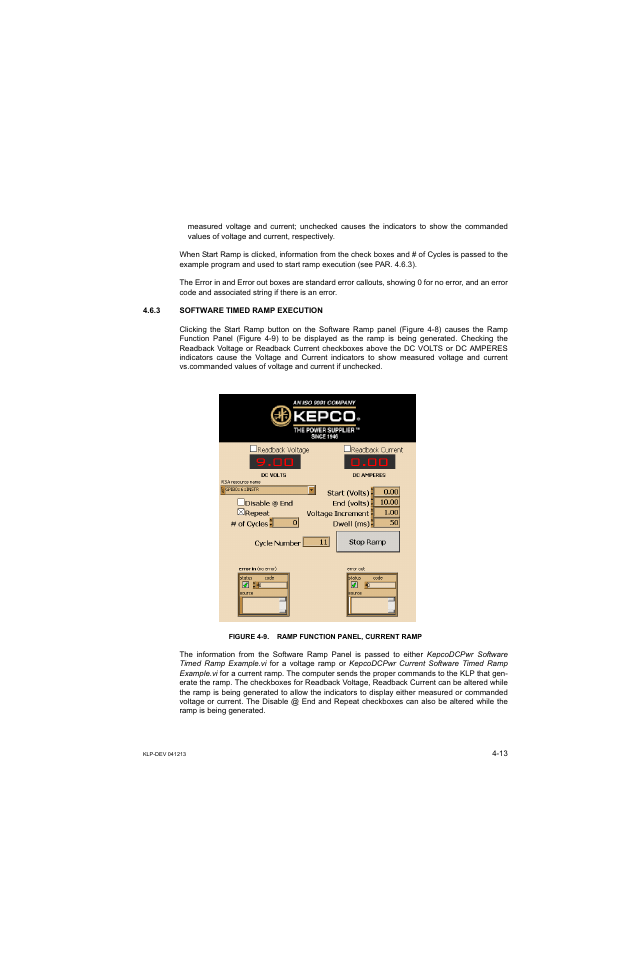 3 software timed ramp execution, Figure 4-9. ramp function panel, current ramp, Software timed ramp execution -13 | Ramp function panel, current ramp -13 | KEPCO KLP Series Developers Guide, Rev 3 User Manual | Page 55 / 132